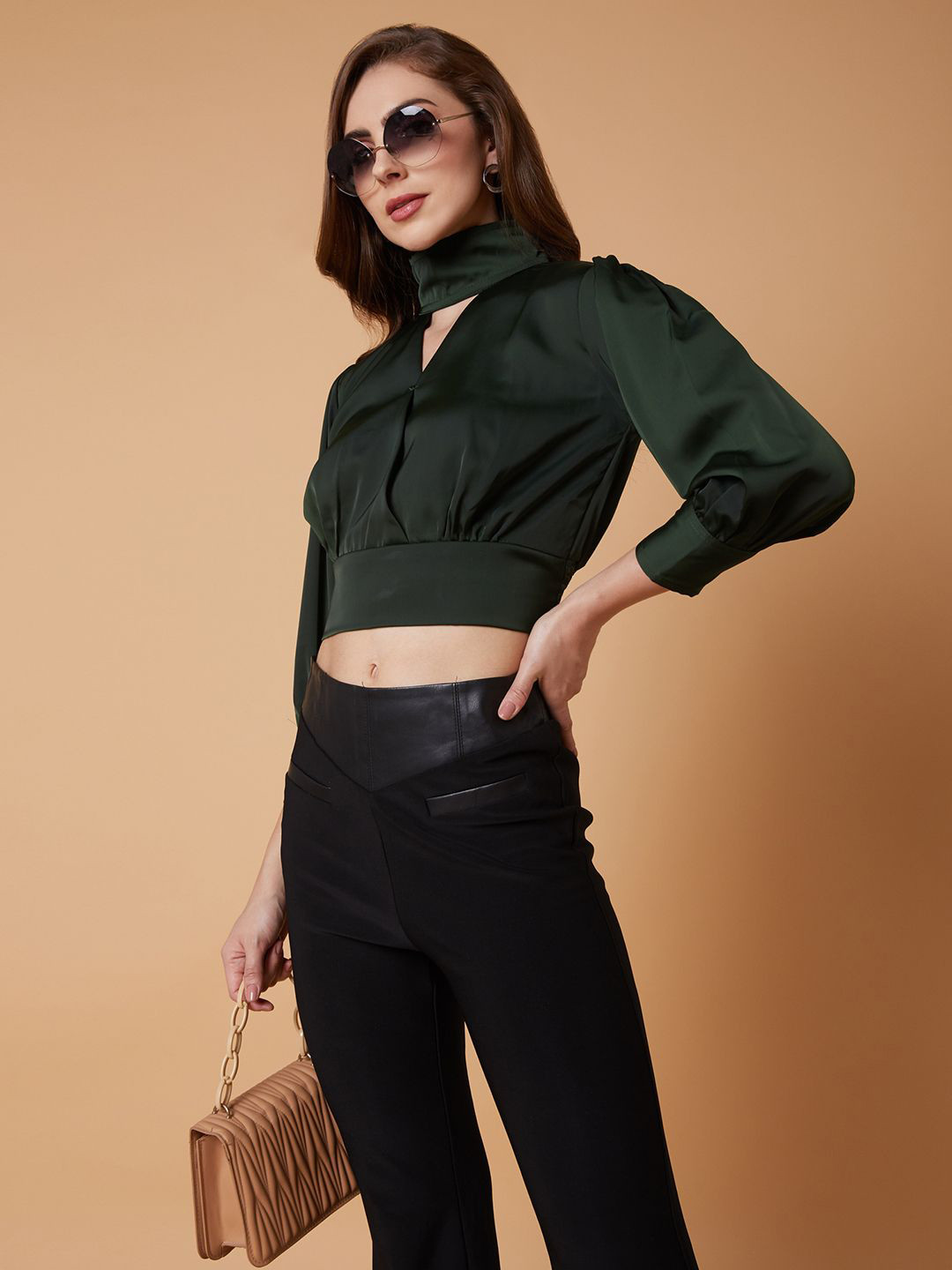 

SHOWOFF Women Solid High Neck Synthetic Crepe Top, Green