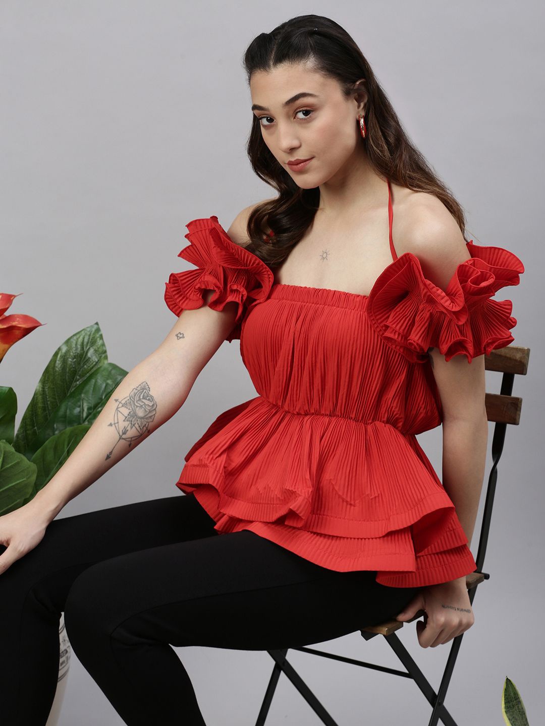 

SHOWOFF Women Solid Lace Frills Bows and Ruffles Shoulder Straps Synthetic Crepe Top, Red