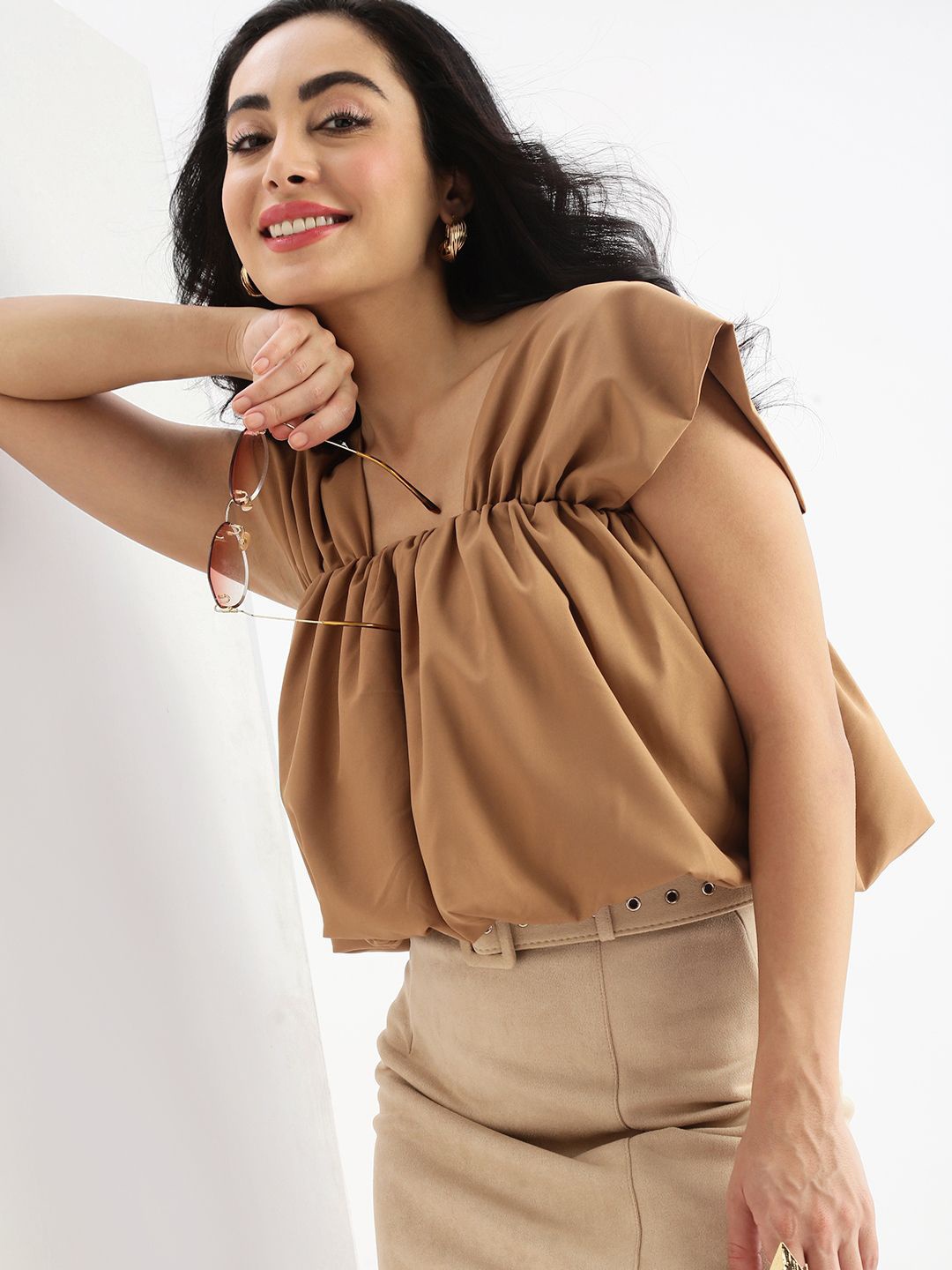 

SHOWOFF Women Solid Square Neck Synthetic Crepe Top, Brown