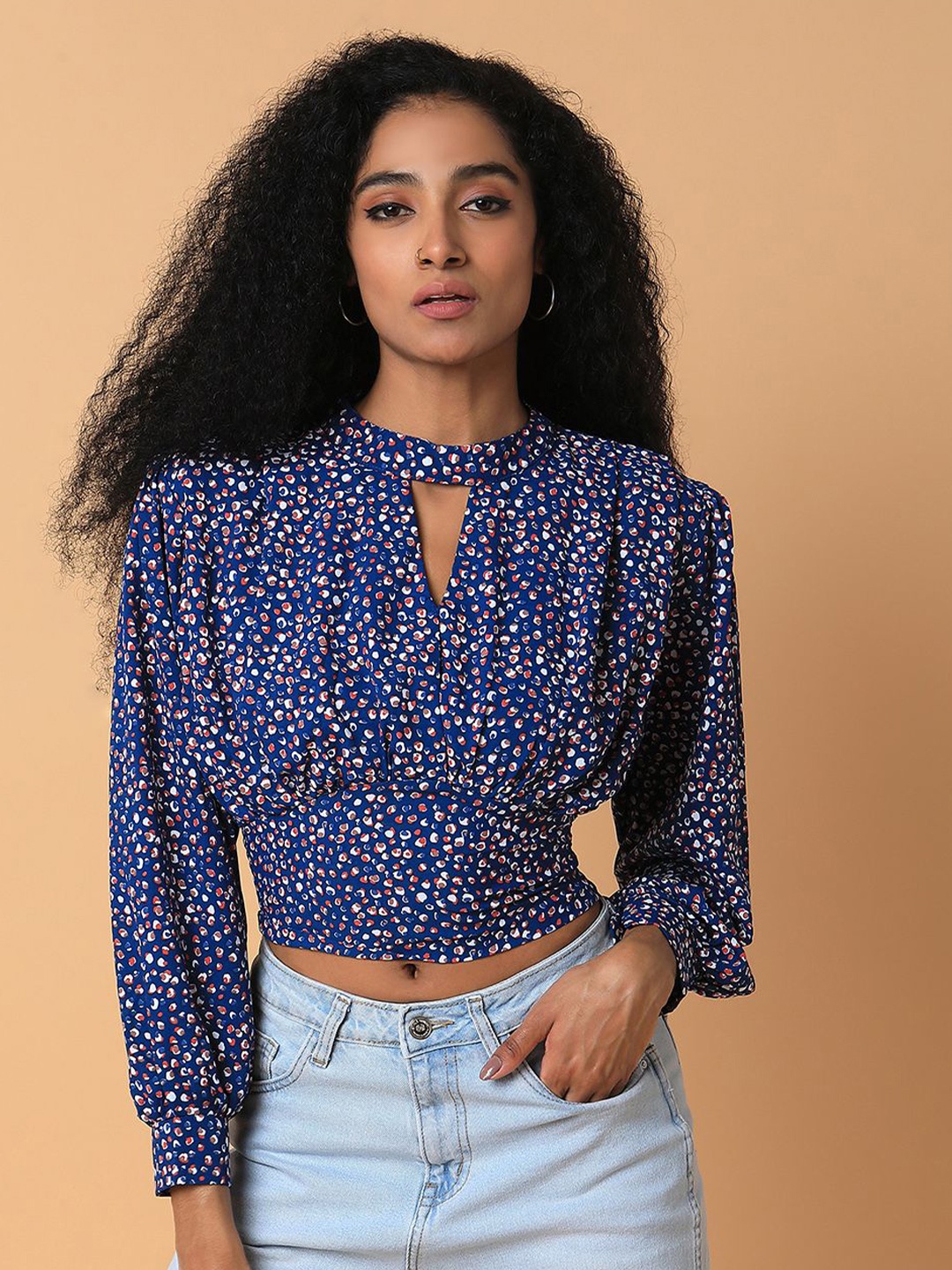 

SHOWOFF Women Abstract Printed High Neck Synthetic Crepe Top, Navy blue