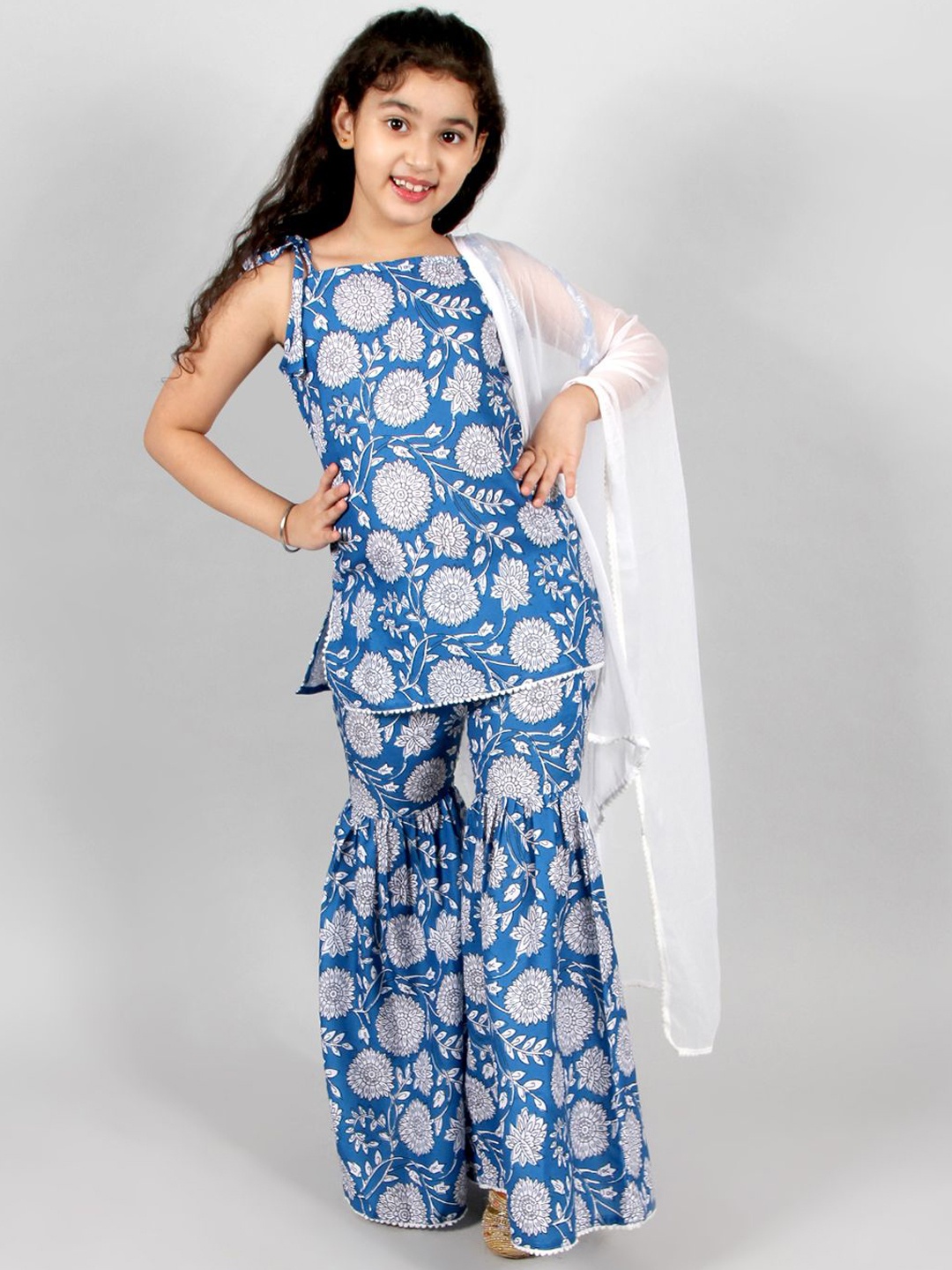 

INCLUD Girls Floral Printed Pure Cotton A-Line Kurti With Sharara & Dupatta, Blue