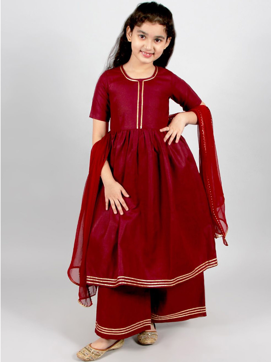 

INCLUD Girls Gotta Patti Pure Cotton Anarkali Kurta With Palazzos & Dupatta, Maroon