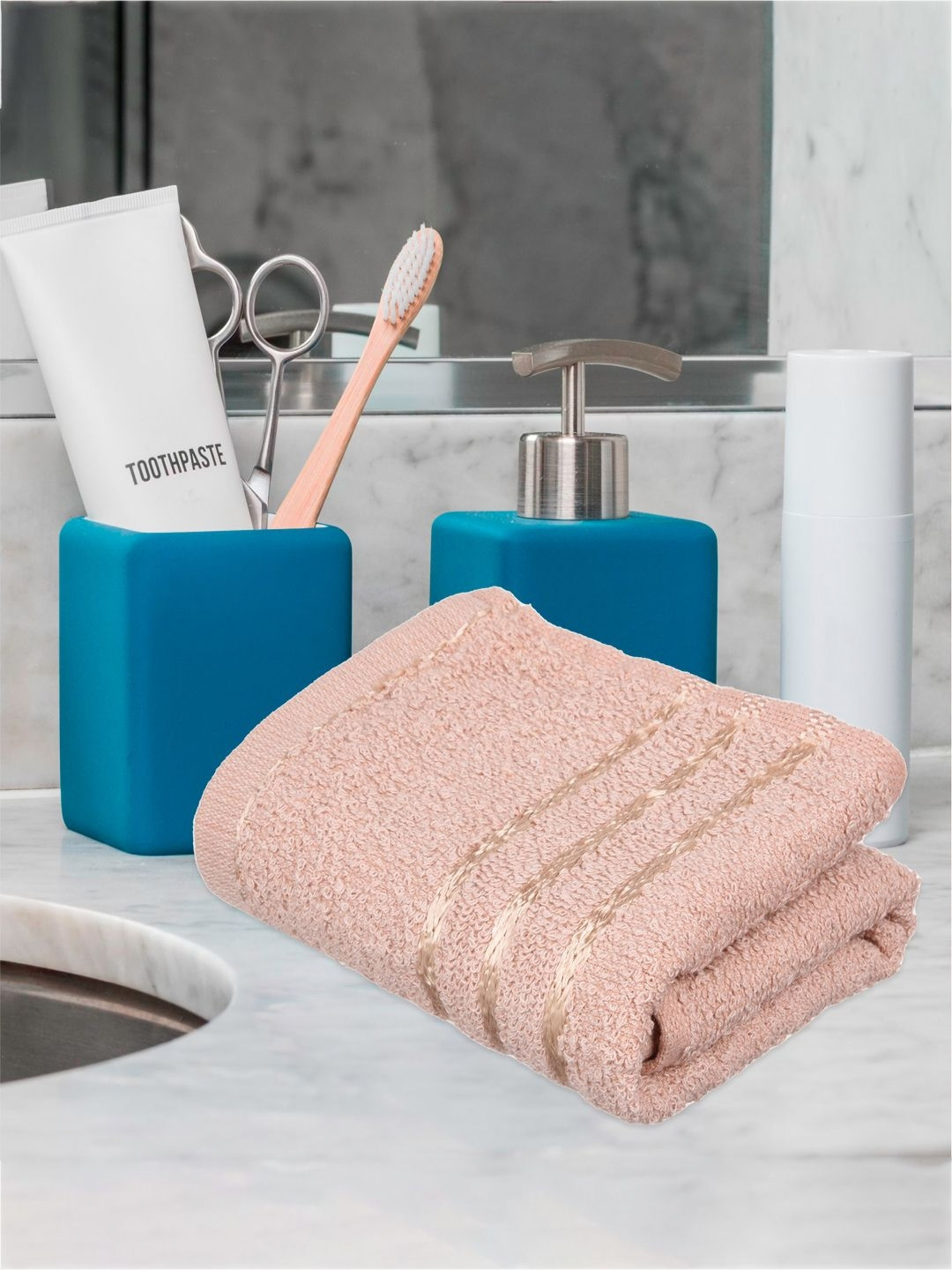 

Kuber Industries 4 Pieces Blue & Cream Striped Pure Cotton Face Towels