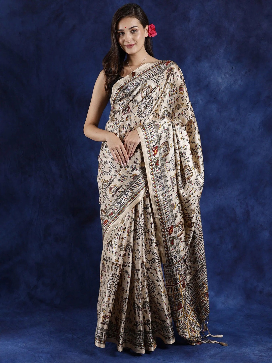 

Exotic India Ethnic Motifs Printed Saree, Beige