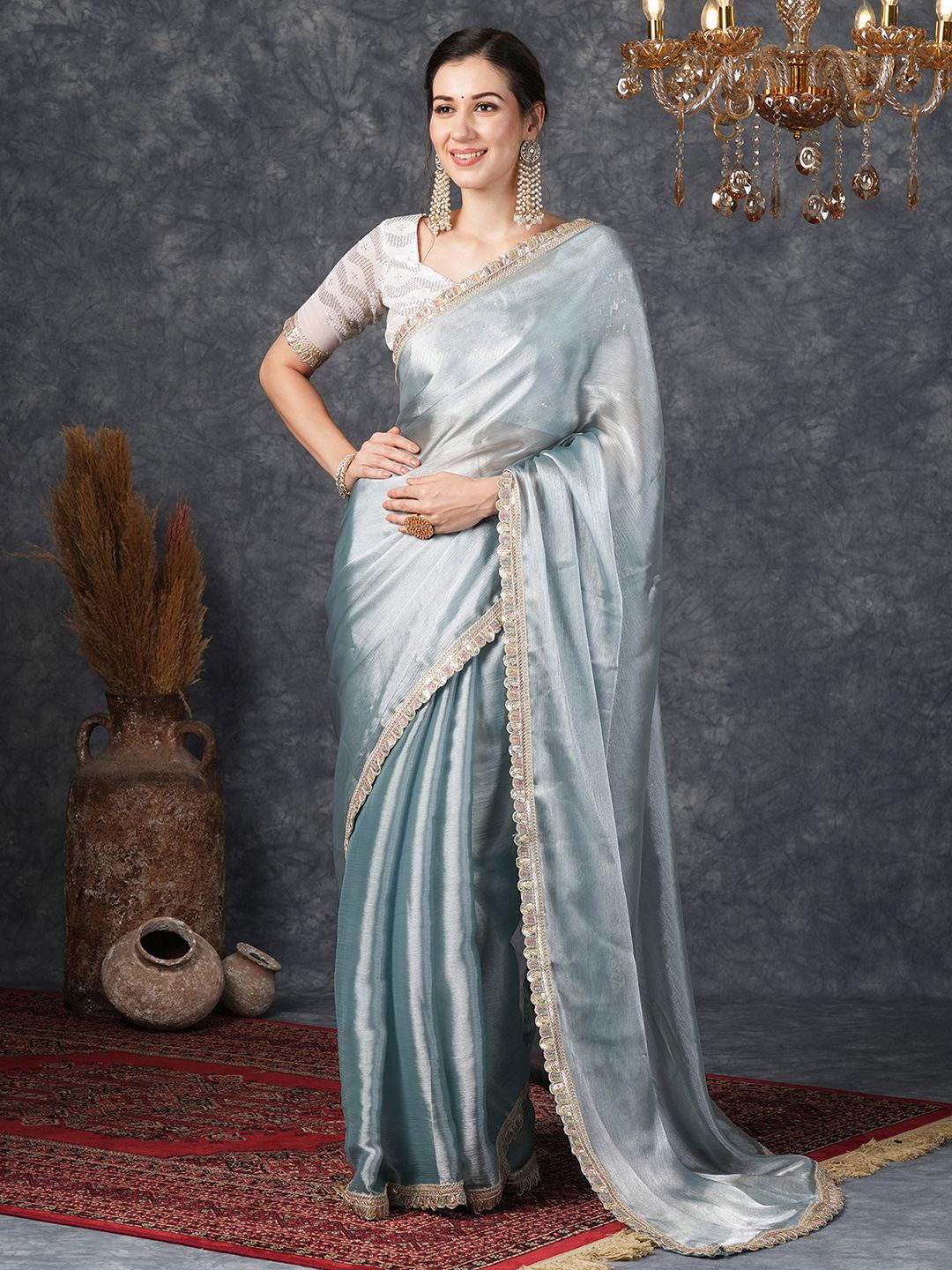 Satrani Ethnic Motifs Embroidered Pure Chiffon Saree, Grey