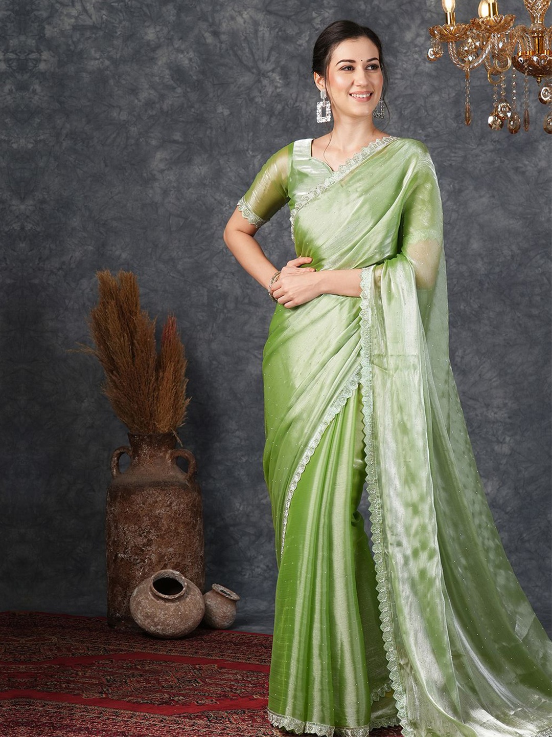 

Satrani Embellished Beads and Stones Pure Chiffon Saree, Green