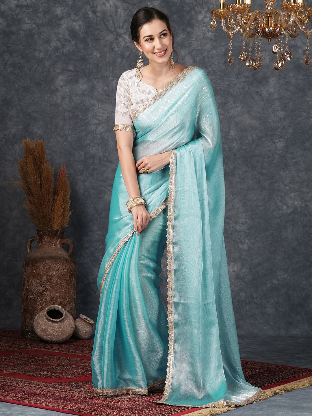Satrani Embellished Pure Chiffon Saree, Blue