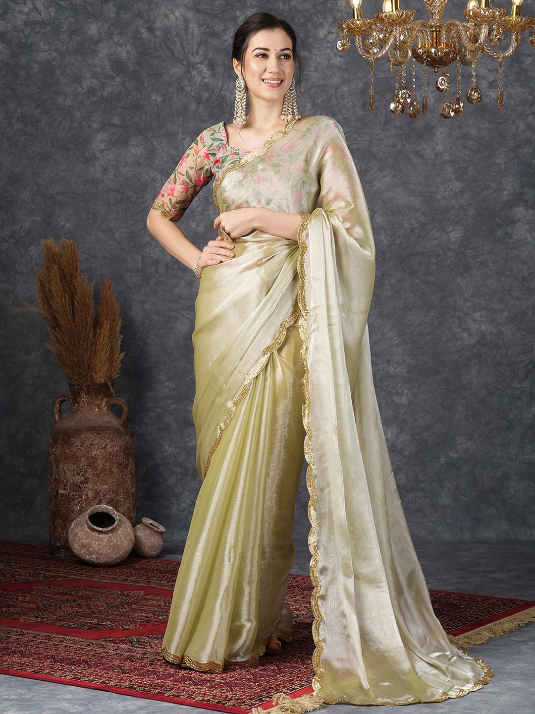

Satrani Ethnic Motifs Beads and Stones Pure Chiffon Saree, Green