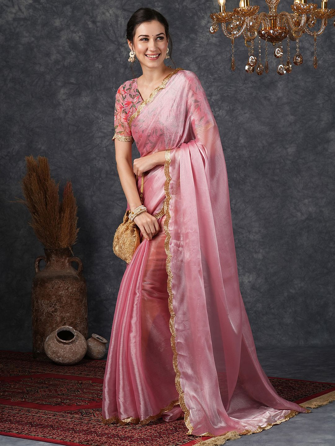 Satrani Embellished Pure Chiffon Saree, Pink