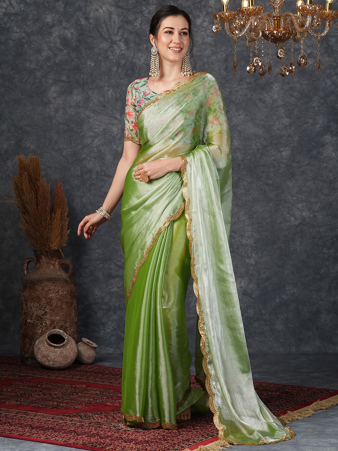 

Satrani Beads and Stones Embellished Pure Chiffon Celebrity Saree, Green