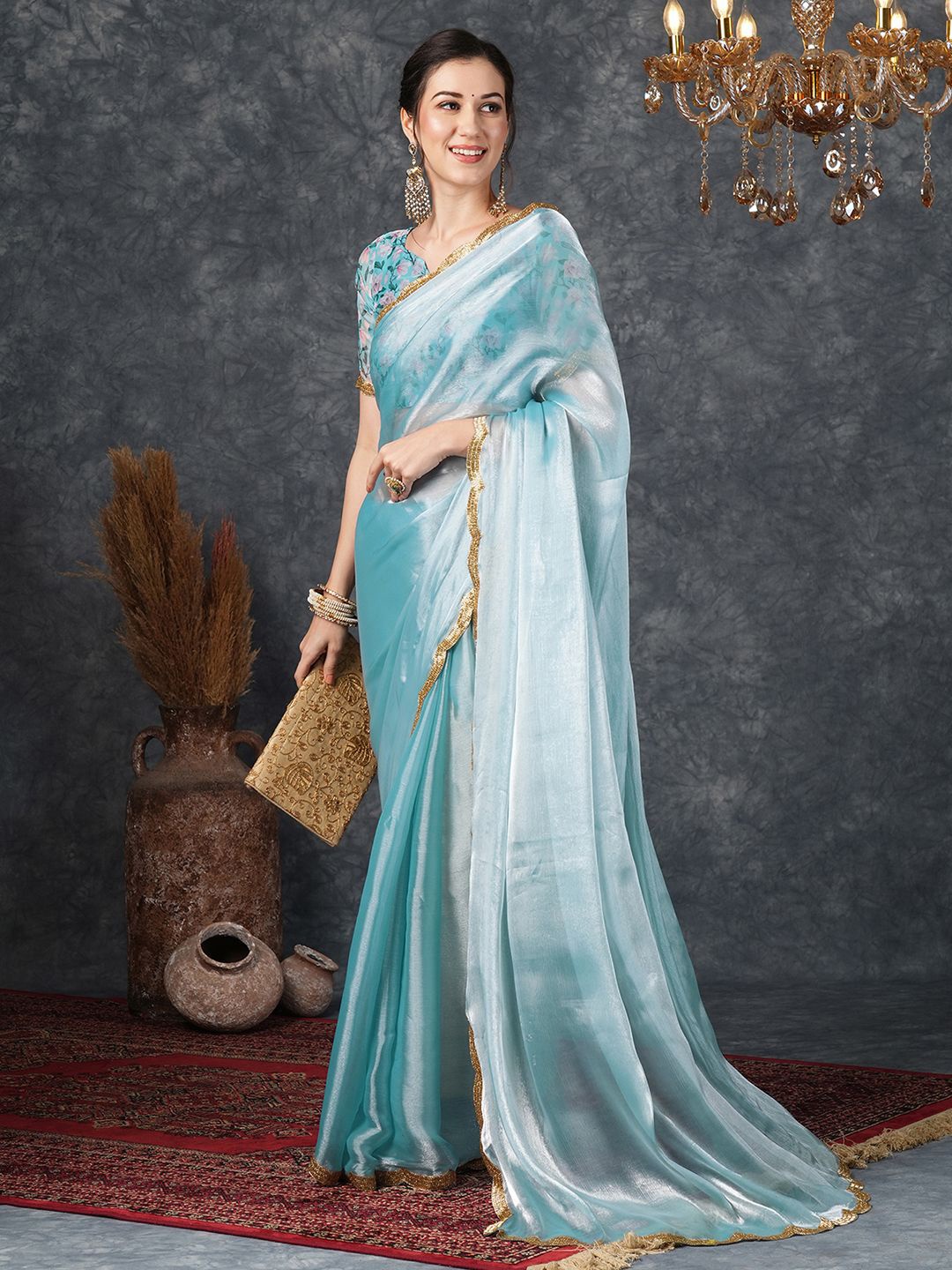 

Satrani Embellished Pure Chiffon Saree, Blue
