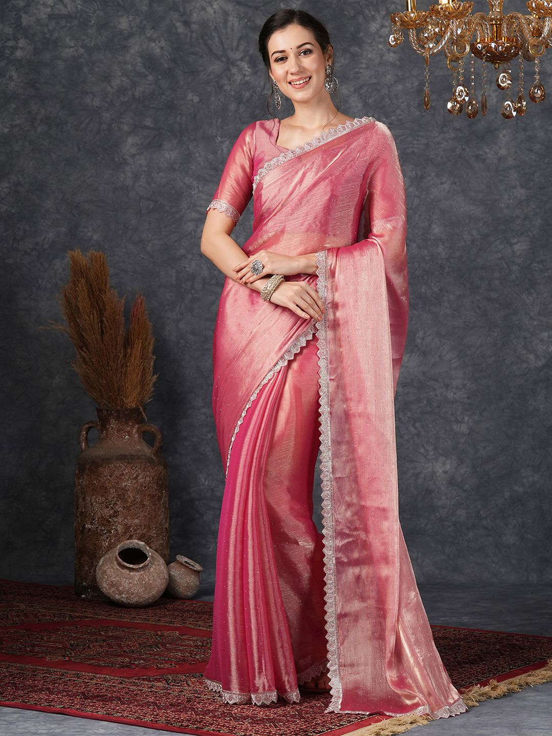 Satrani Ethnic Motifs Beads and Stones Pure Chiffon Saree, Pink