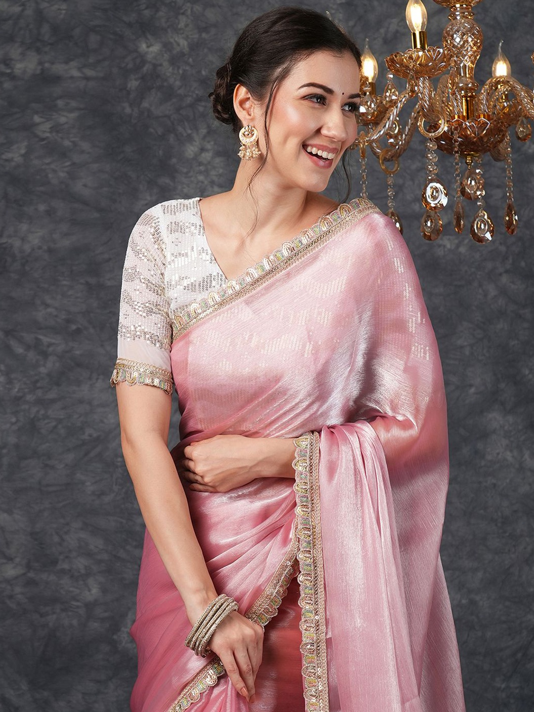 

Satrani Embellished Beads and Stones Pure Chiffon Saree, Pink