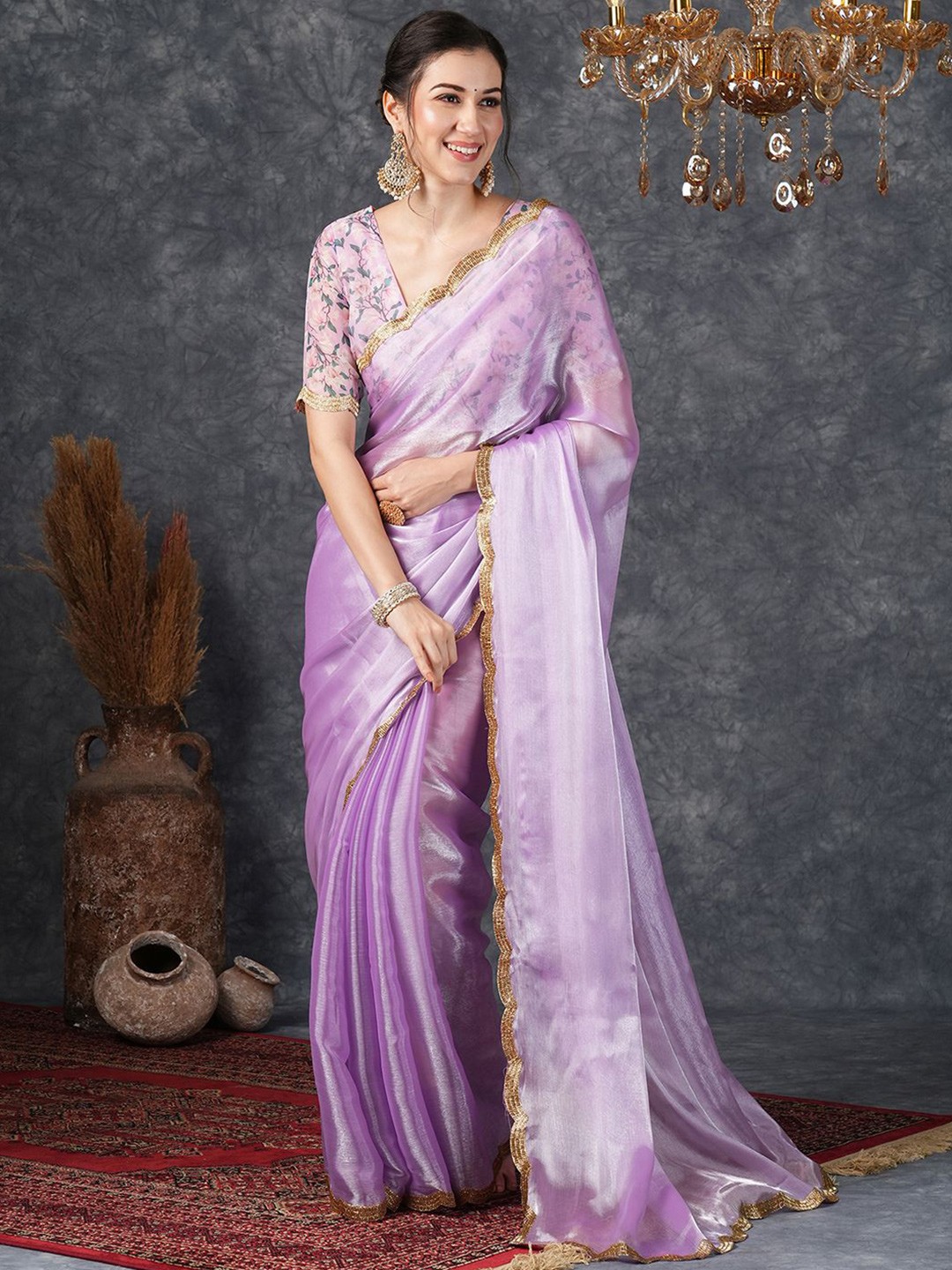 

Satrani Beads and Stones Embellished Pure Chiffon Celebrity Saree, Purple