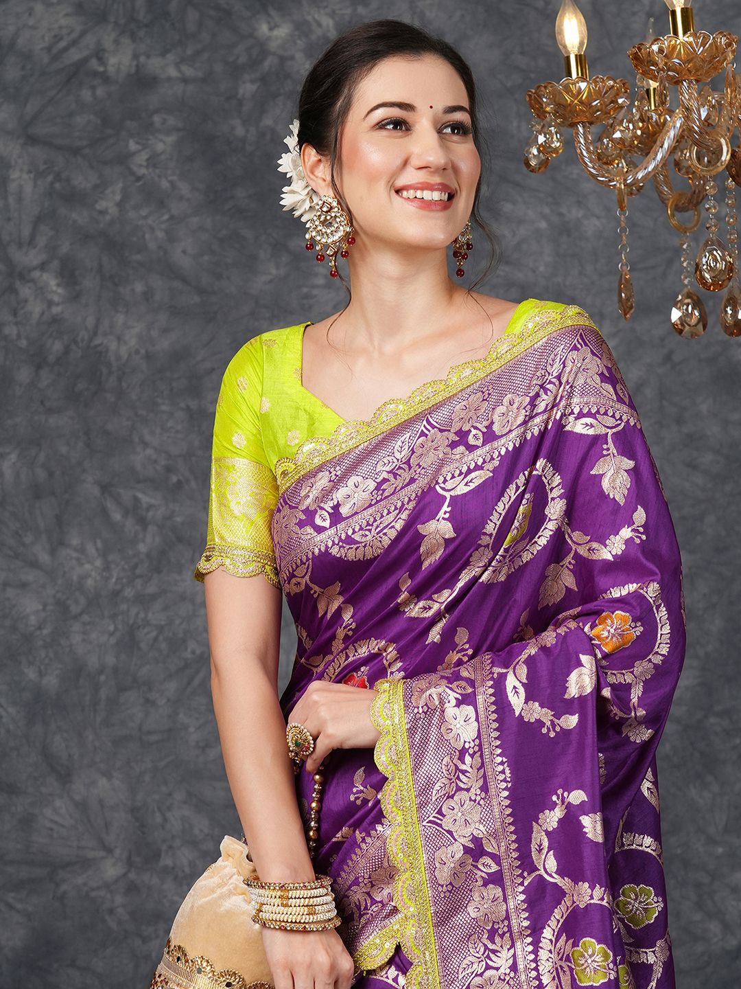 

Satrani Ethnic Motifs Woven Design Zari Banarasi Saree, Purple