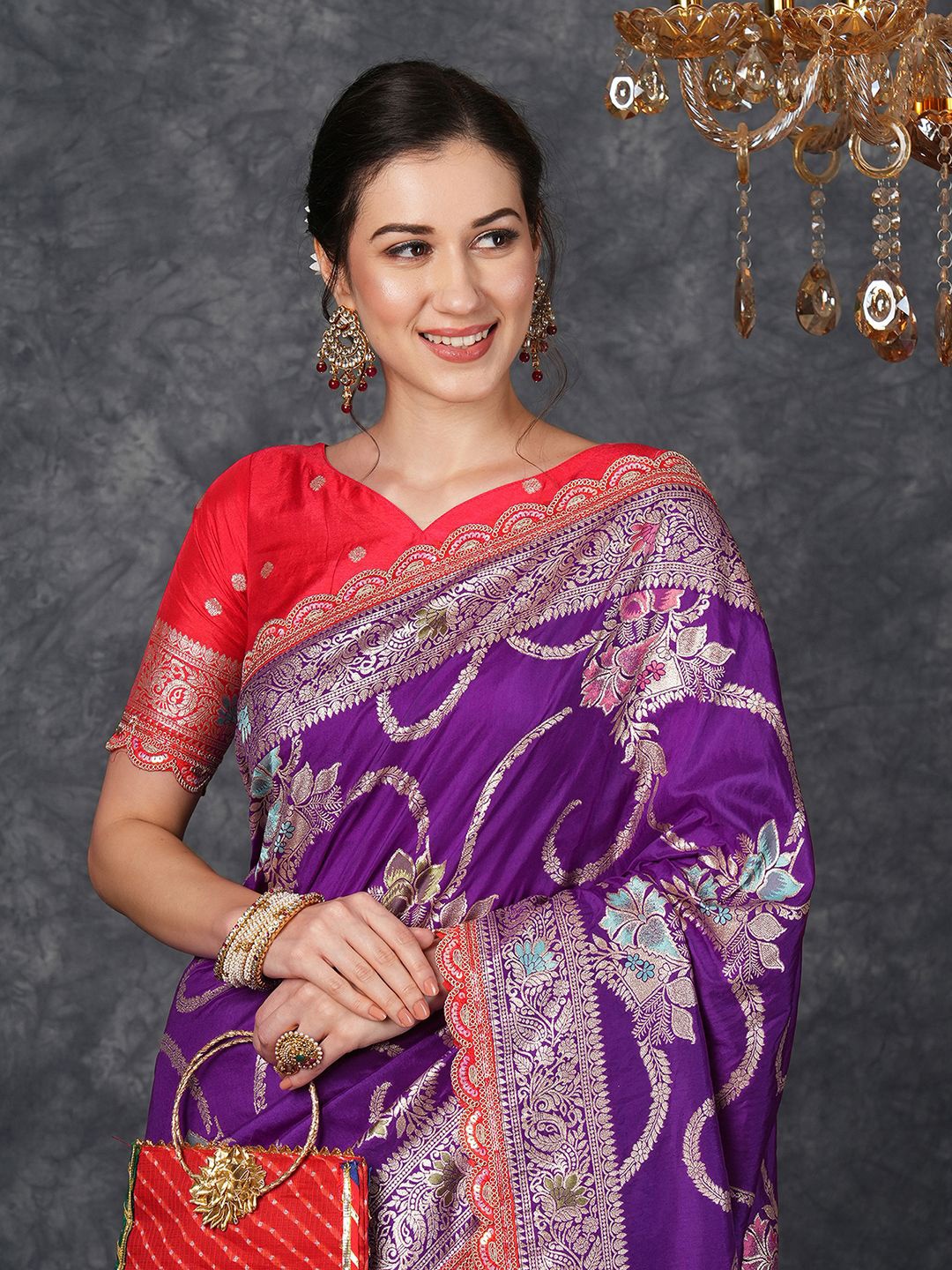 

Satrani Ethnic Motifs Zari Banarasi Saree, Purple