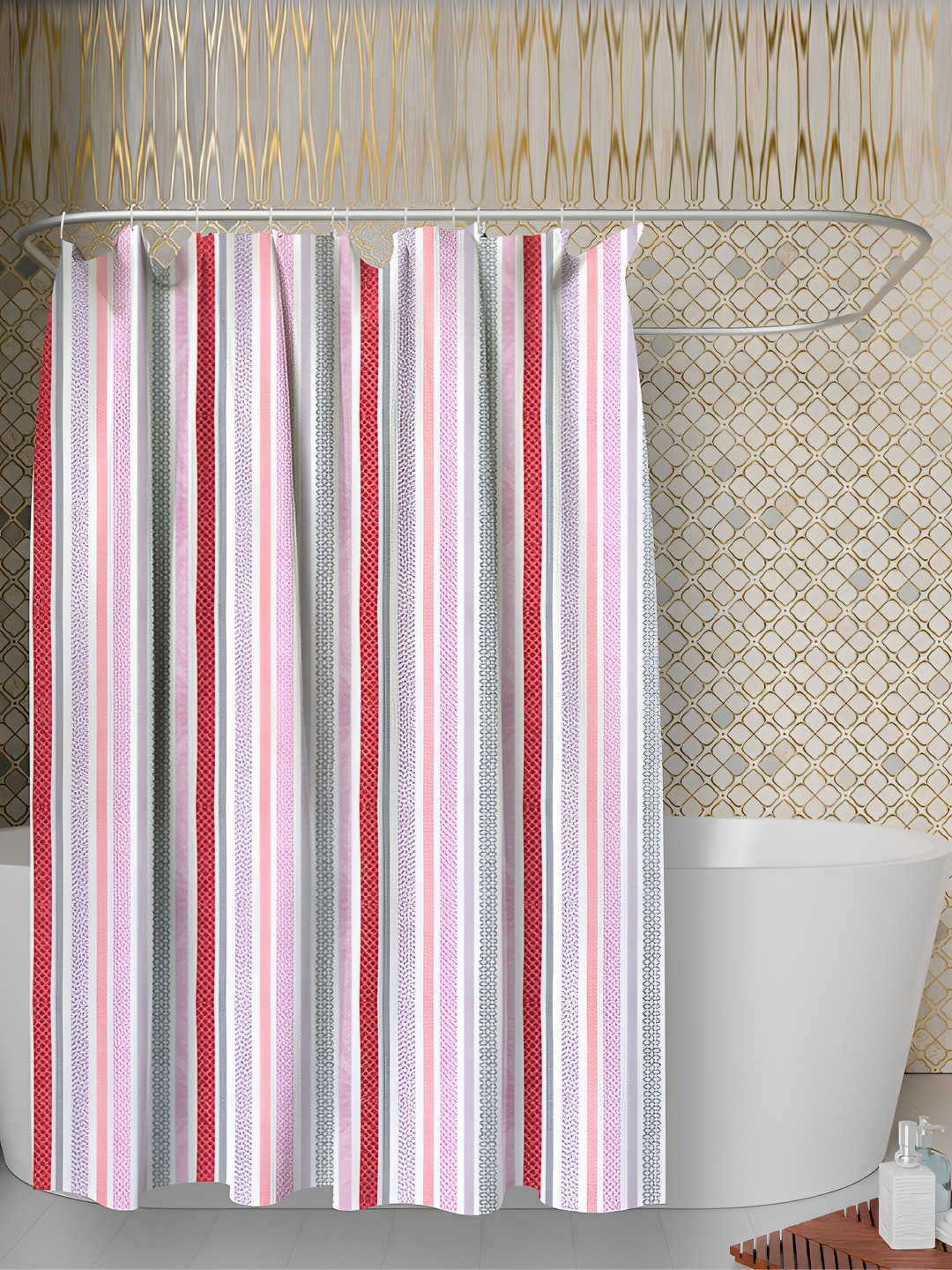 

Kuber Industries White & Red Striped Shower Curtains