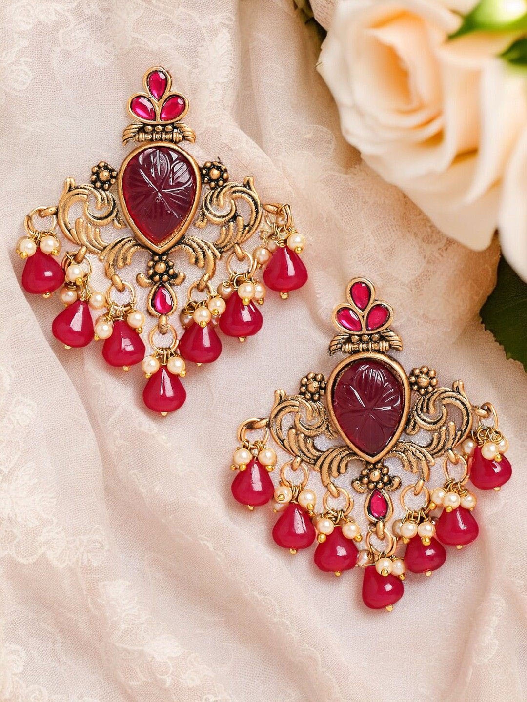 

OOMPH Kundan Floral Drop Earrings, Maroon