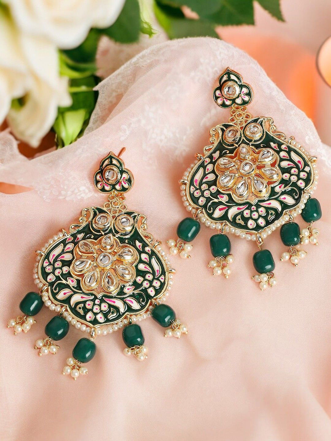 

OOMPH Kundan Floral Antique Drop Earrings, Green