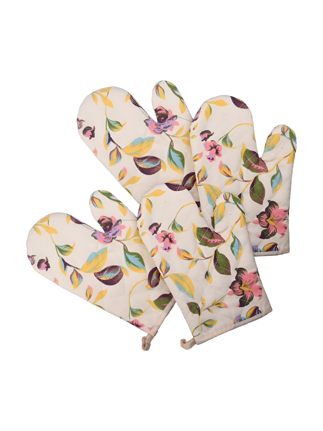 

Kuber Industries Cream & Green 4 Pieces Leaf Printed Cotton Oven Gloves