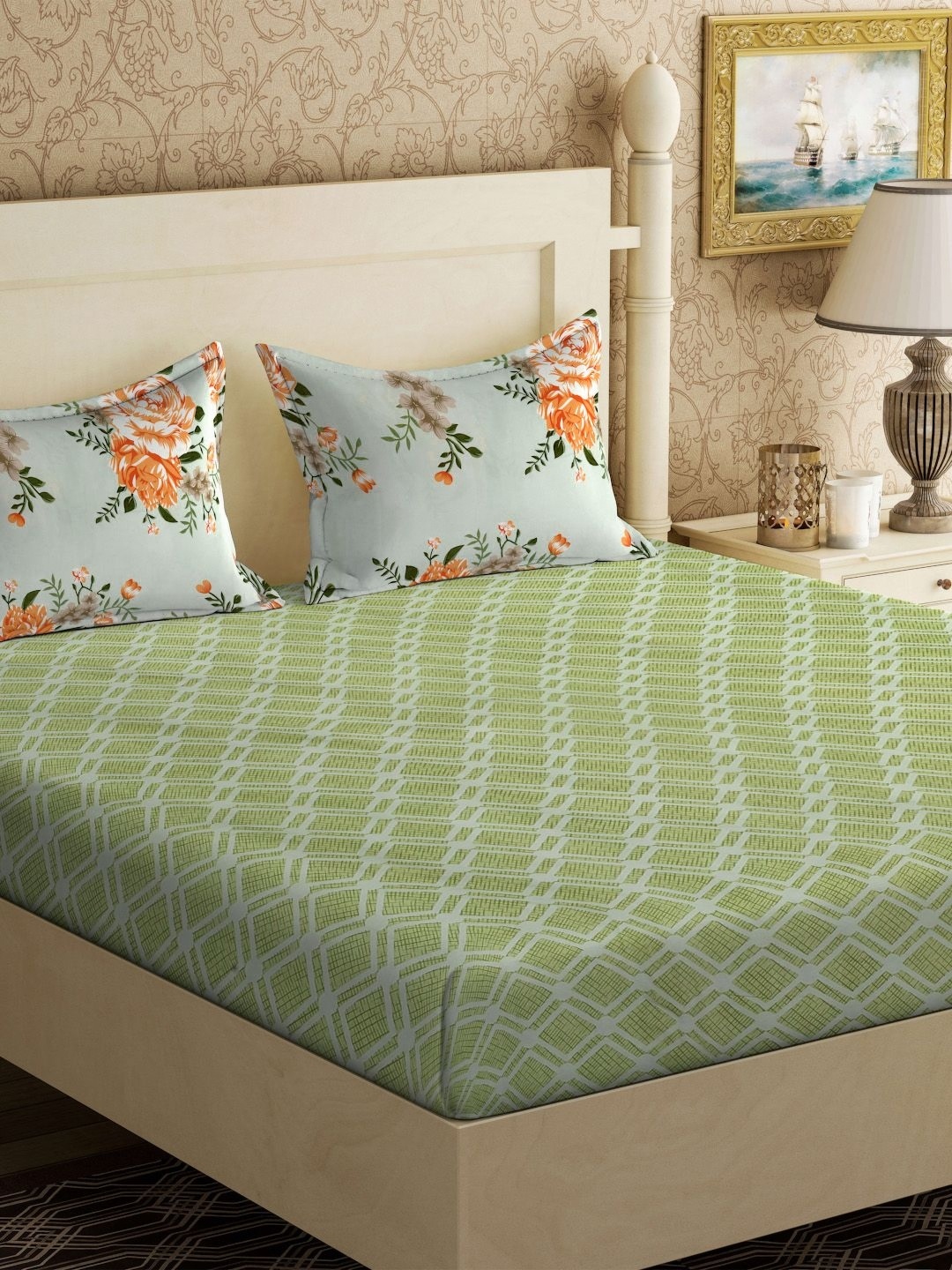 

KLOTTHE Green Printed 300 TC Fitted King Double Bedsheet With 2 Pillow Covers