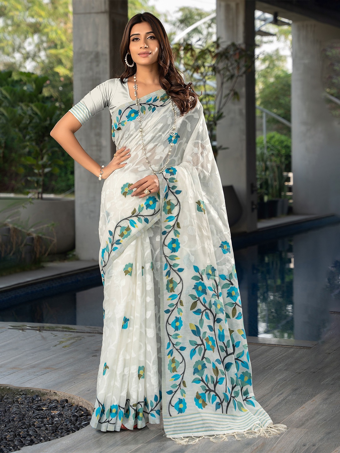 

HEER FASHION Ethnic Motifs Printed Pure Cotton Jamdani Saree, White