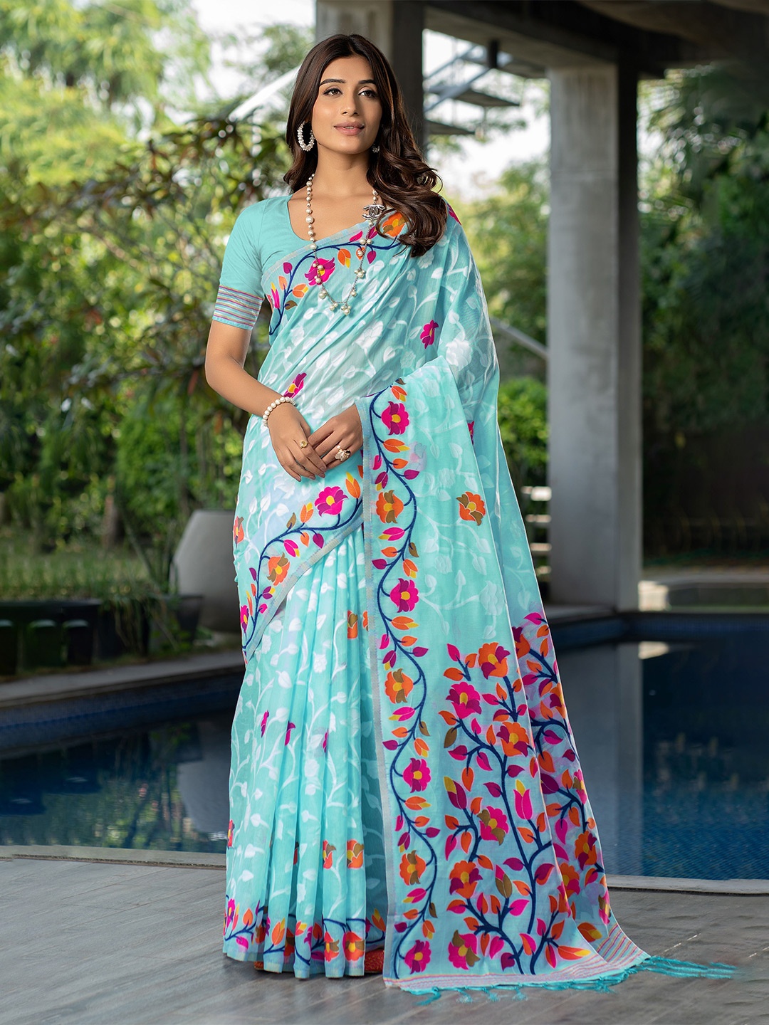 

HEER FASHION Woven Design Pure Cotton Jamdani Saree, Blue