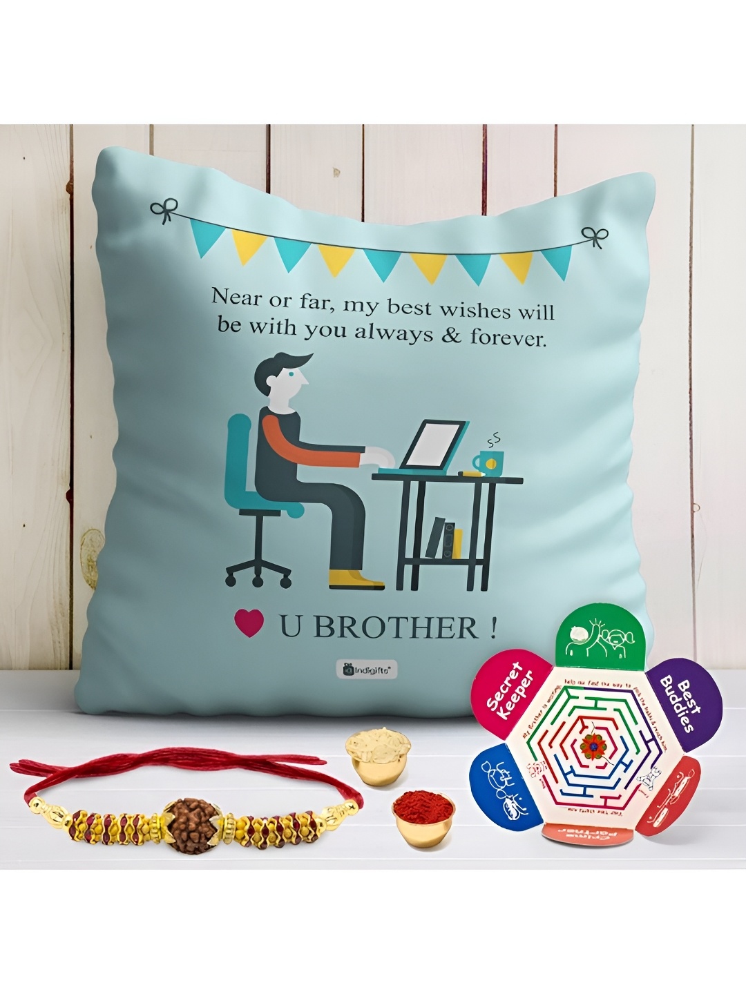 

Indigifts Rakhi With Cushion Gift Set, Blue