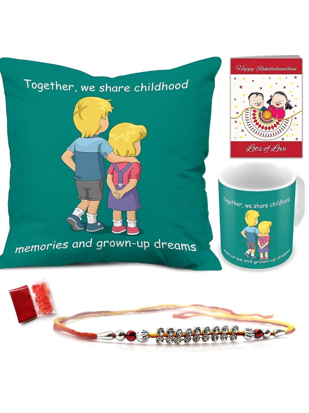 

Indigifts Beaded Rakhi With Mug & Cushion Gift Set, Green