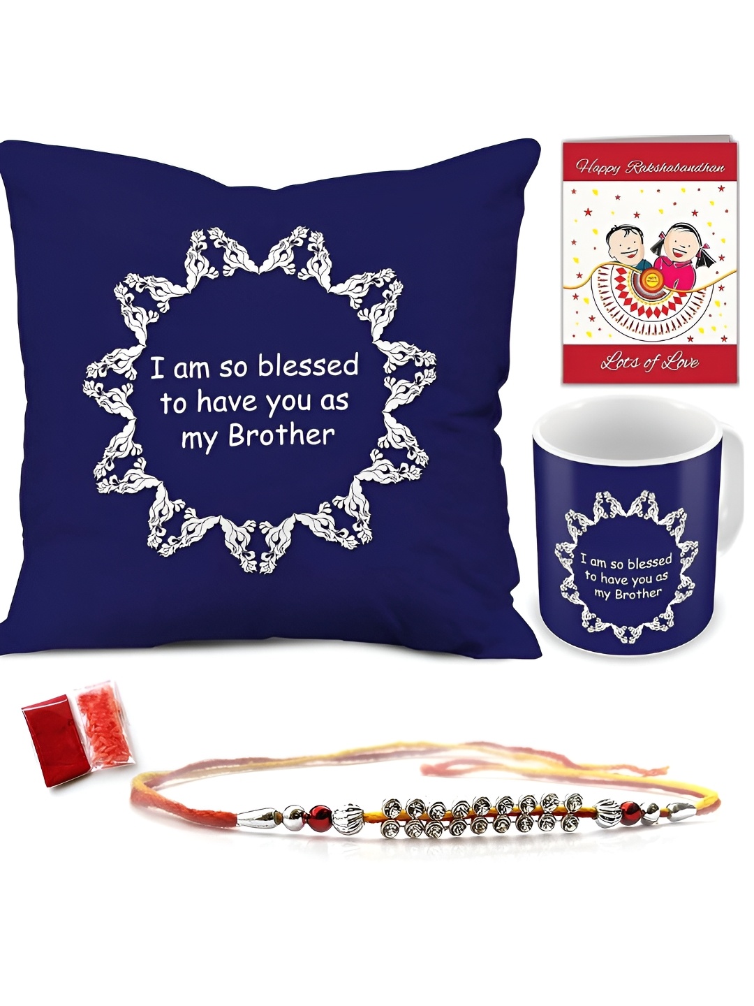 

Indigifts Set Of 1 Rakhi With Mug & Cushion Gift Set, Blue