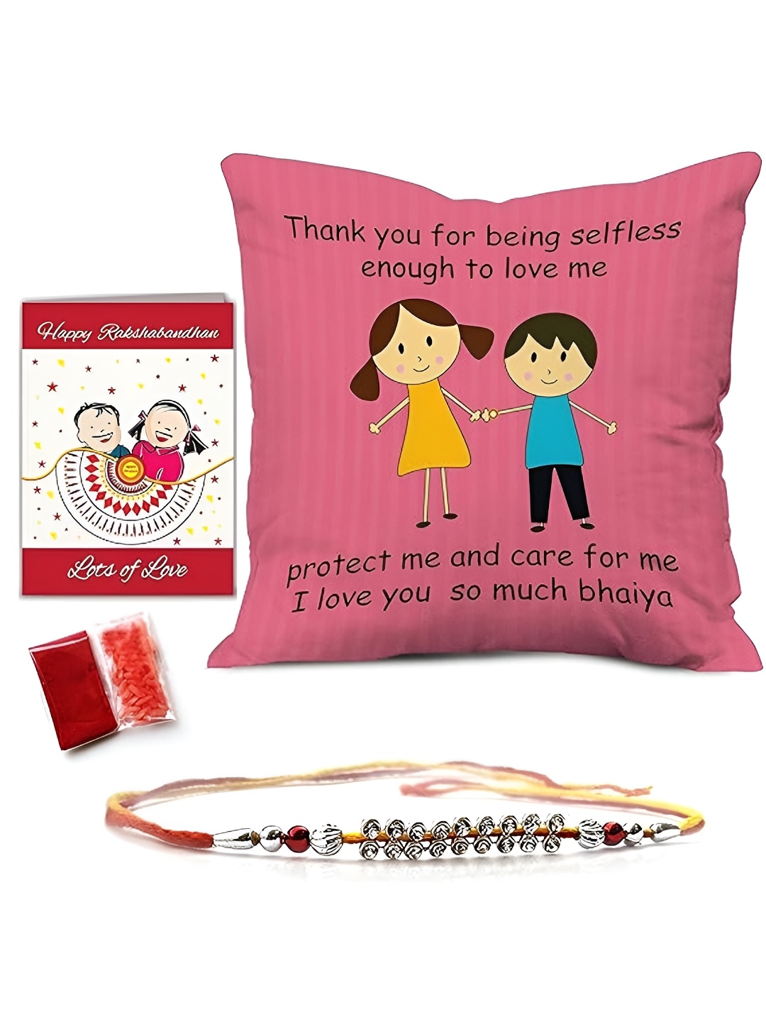 

Indigifts Beaded Rakhi & Cushion Gift Set, Pink