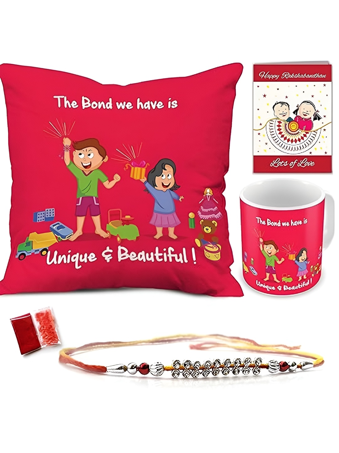 

Indigifts Beaded Rakhi With Mug & Cushion Gift Set, Pink