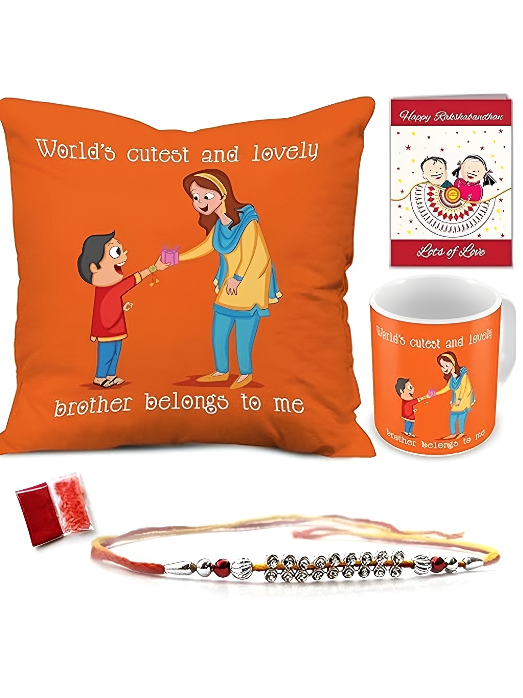 

Indigifts Rakhi With Mug & Cushion Gift Set, Orange