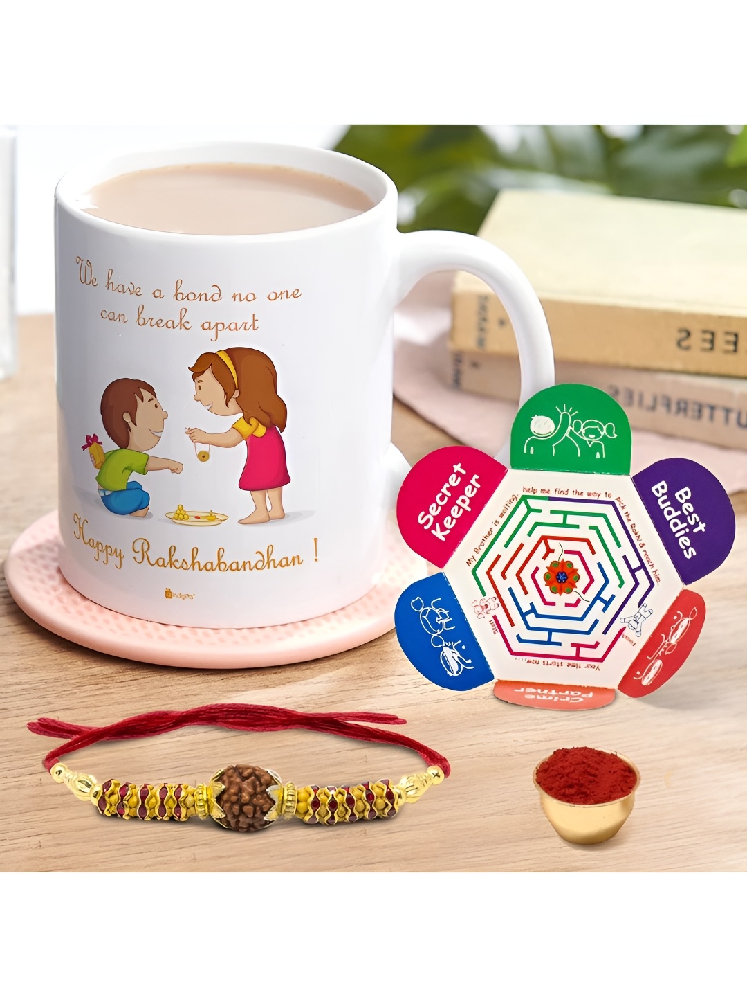 

Indigifts Beaded Rakhi & Mug Gift Set, White