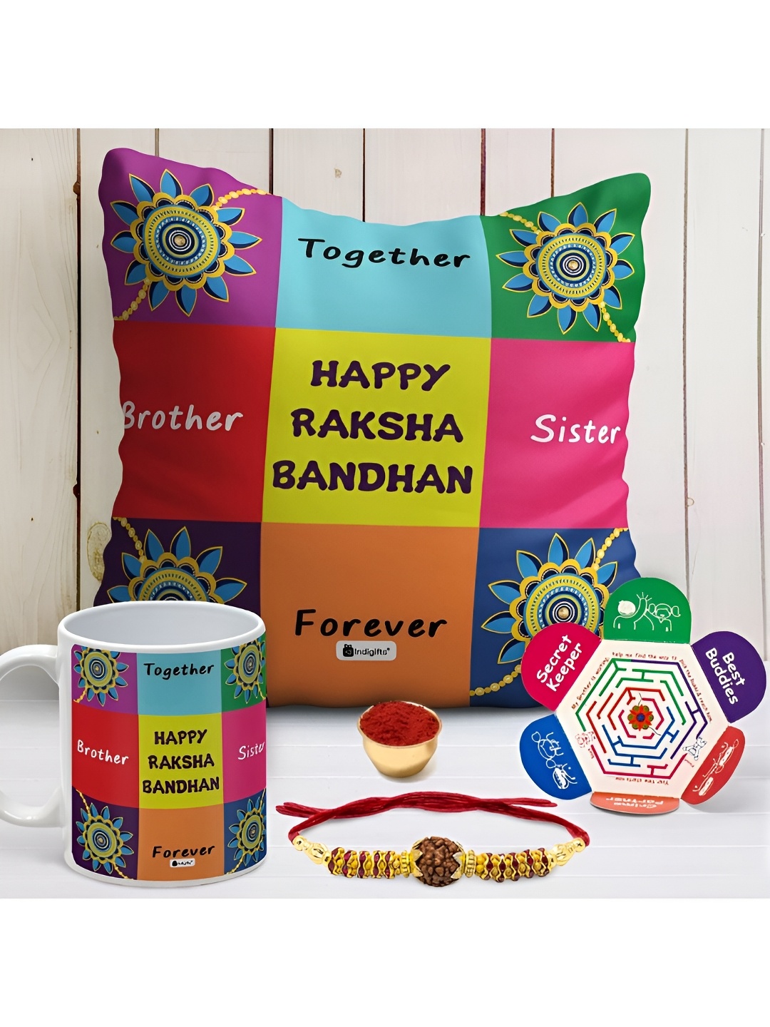 

Indigifts Rakhi With Mug & Cushion Gift Set, Multi