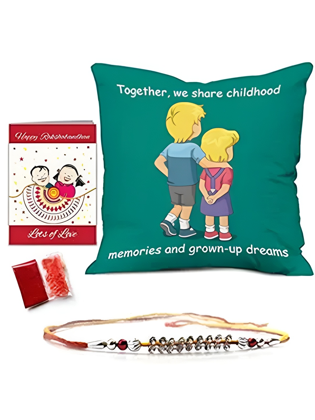 

Indigifts Beaded Rakhi & Cushion Gift Set, Green