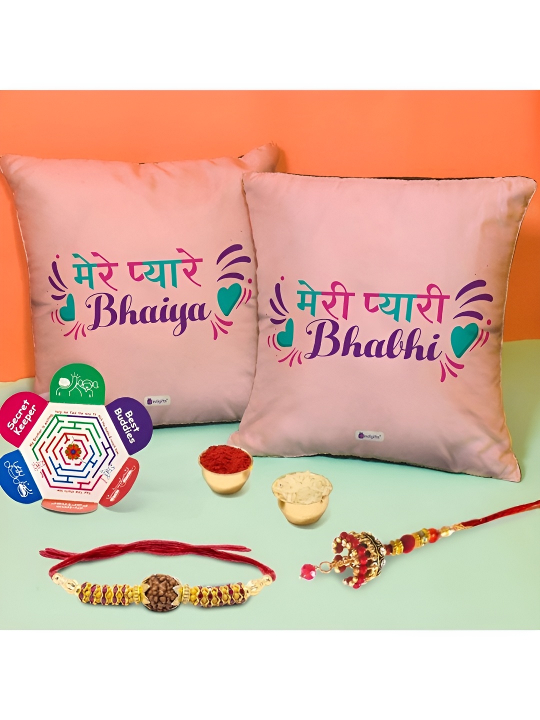 

Indigifts Bhaiya Bhabhi Rakhi & 2 Cushion Cover, Pink