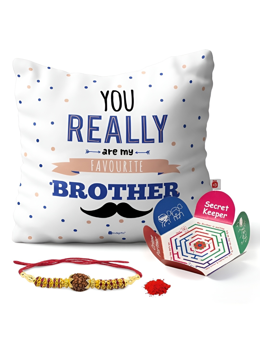 

Indigifts Beaded Rakhi & Cushion Gift Set, White