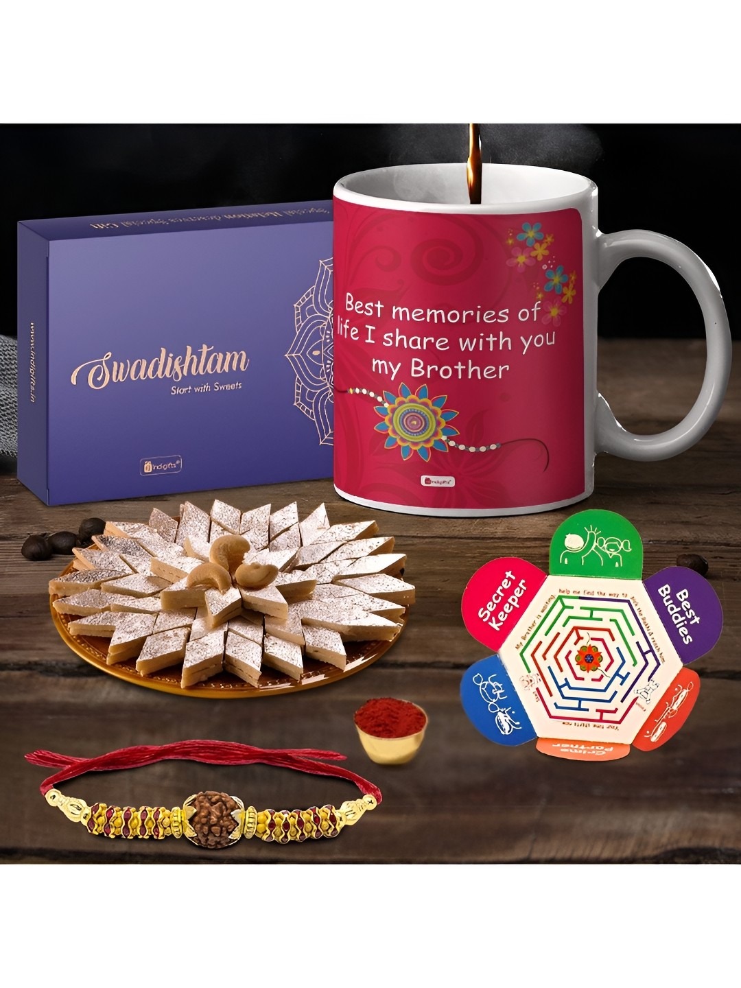 

Indigifts Set Of 3 Beaded Rakhi With Mug & Kaju Katlli With Roli Chawal, Pink