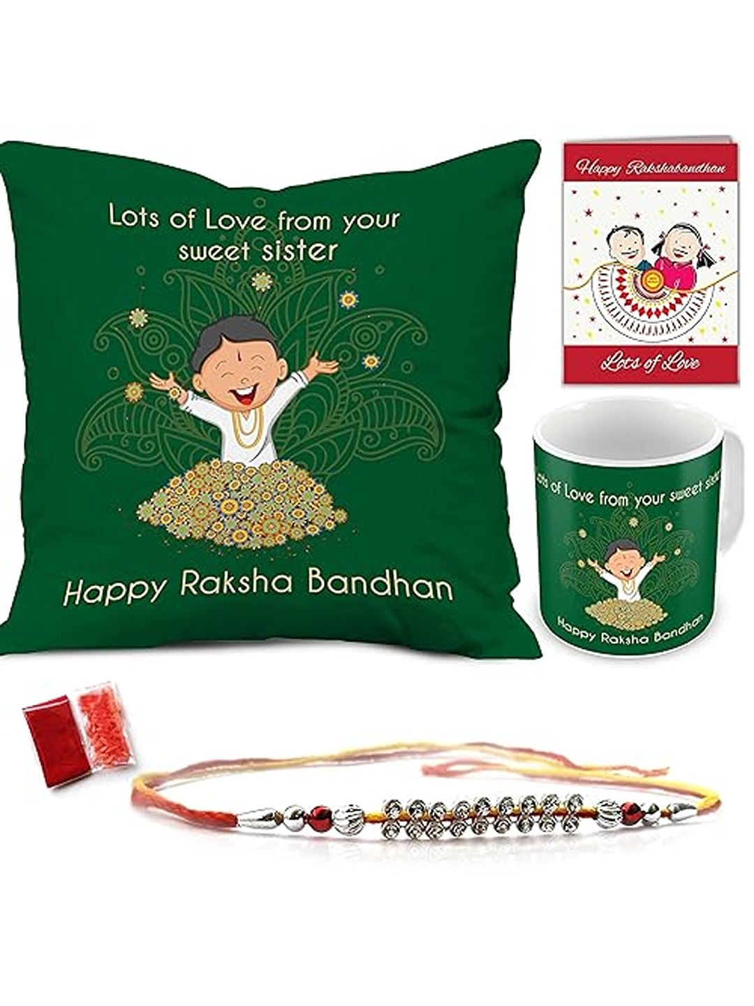 

Indigifts Printed Cushion with Mug & Rakhi Gift Set, Green