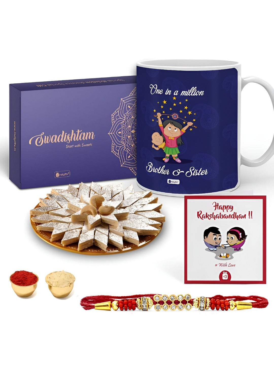

Indigifts Set Of 4 Printed Coffee Mug With Kaju Katlli Rakhi And Greeting Card, Blue