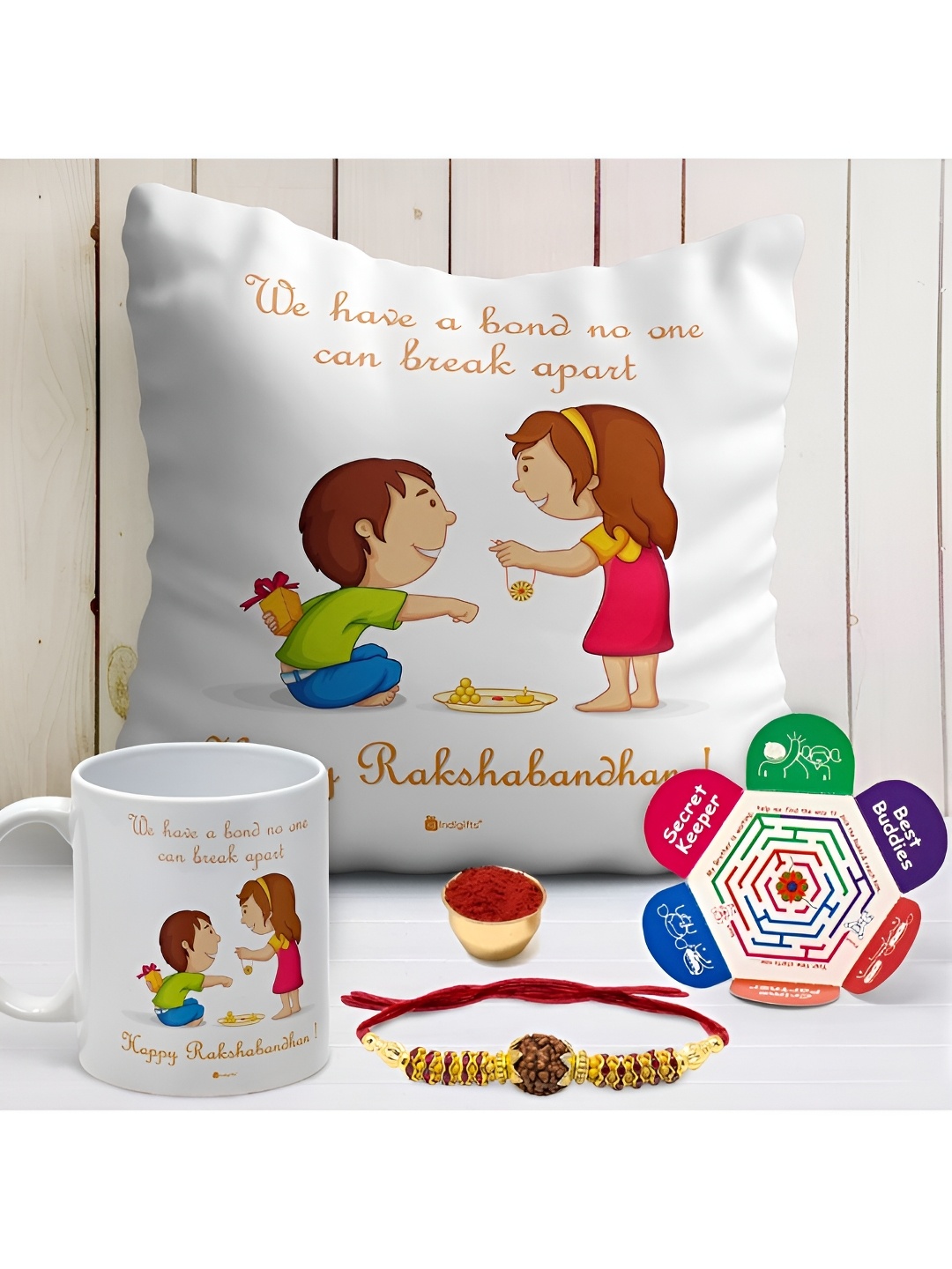 

Indigifts Cushion with Filler & Rudraksha Rakhi Gift Set, White