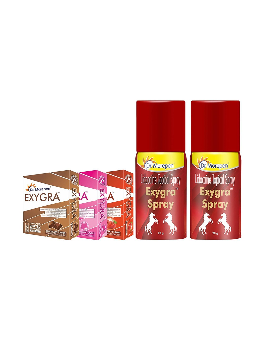 

Dr. Morepen Set Of 3 Flavored Condoms & Set Of 2 Exgra Spray - 20g Each, Red