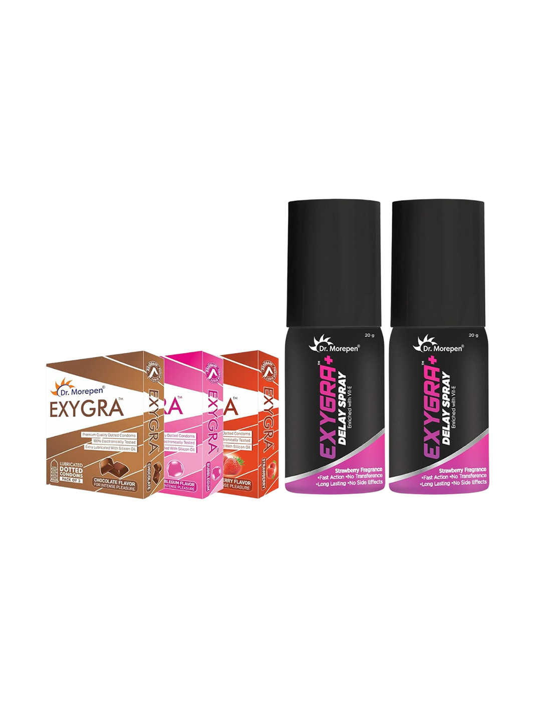 

Dr. Morepen Set Of 3 Flavored Condoms & Set Of 2 Exygra Delay Spray - 20g Each, Black