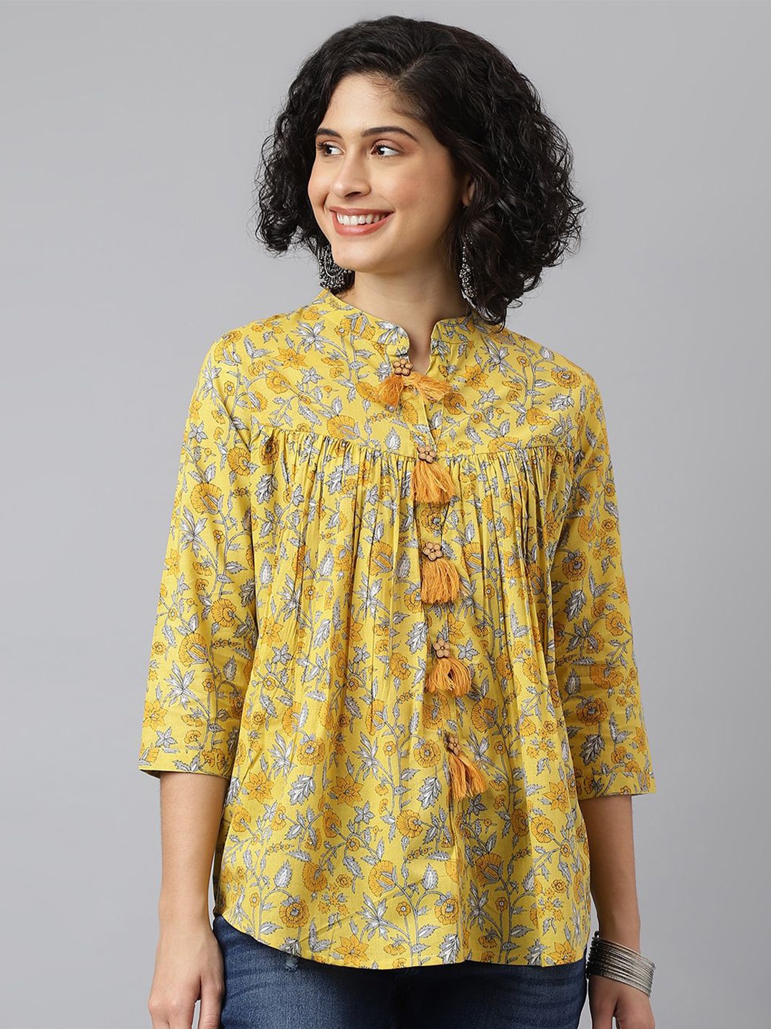 

JAIPUR ATTIRE Women Floral Print Mandarin Collar Three-Quarter Sleeves Cotton Top, Yellow