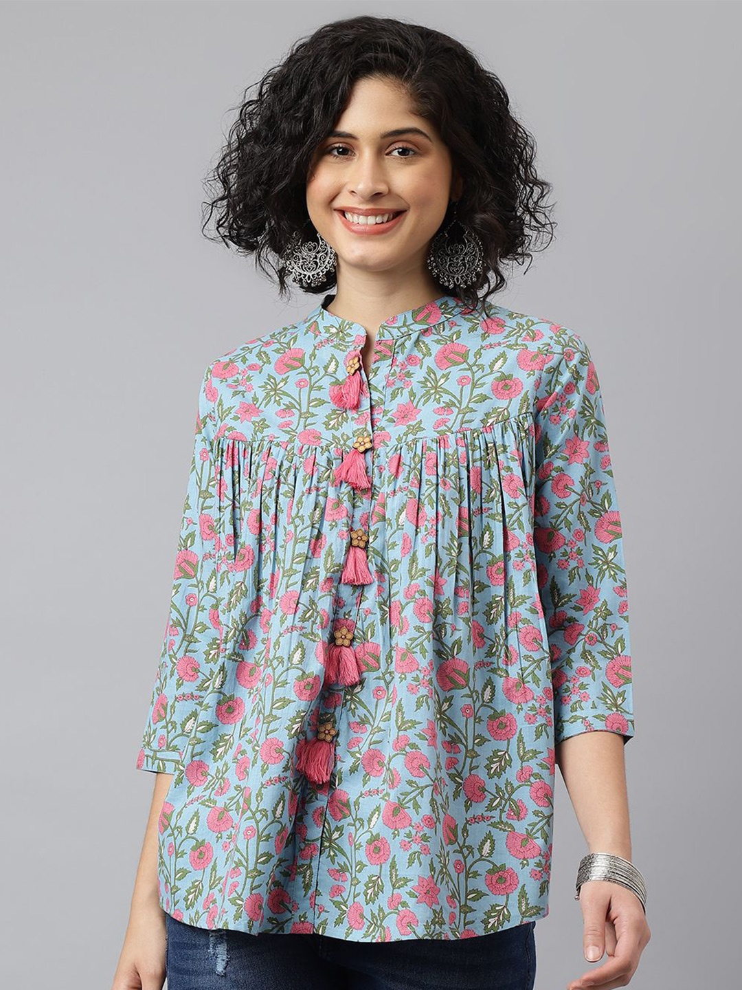 

JAIPUR ATTIRE Women Floral Print Mandarin Collar Three-Quarter Sleeves Cotton Top, Blue