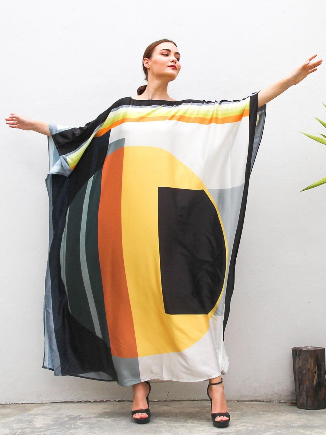 

Navvi Women Colourblocked Satin Kaftan Maxi Dress, Multi