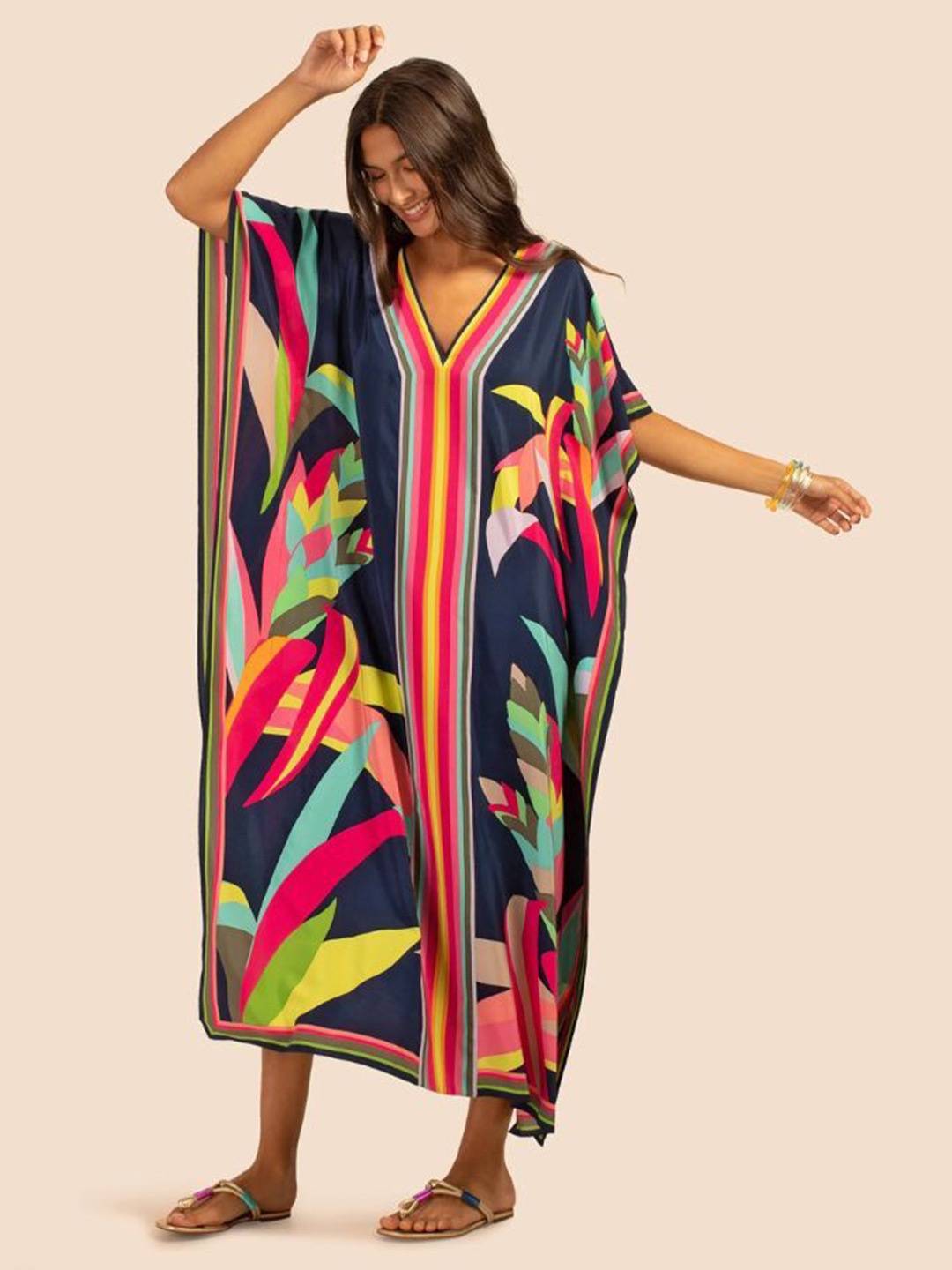 

Navvi Printed V-Neck Crepe Casual Kaftan Midi Dress, Navy blue