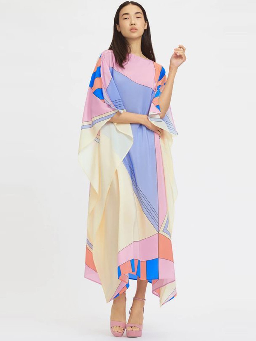 

Navvi Colourblocked Flared Sleeve Kaftan Maxi Dress, Beige