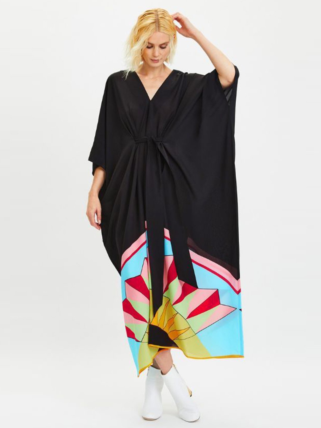

Navvi Printed Georgette Kaftan Maxi Dress, Black